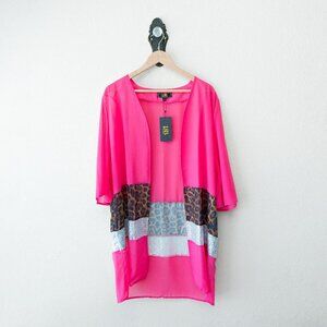 NWT Lucky & Blessed Pink Sequin Leopard Open Kimono Cardigan M Boutique Pockets